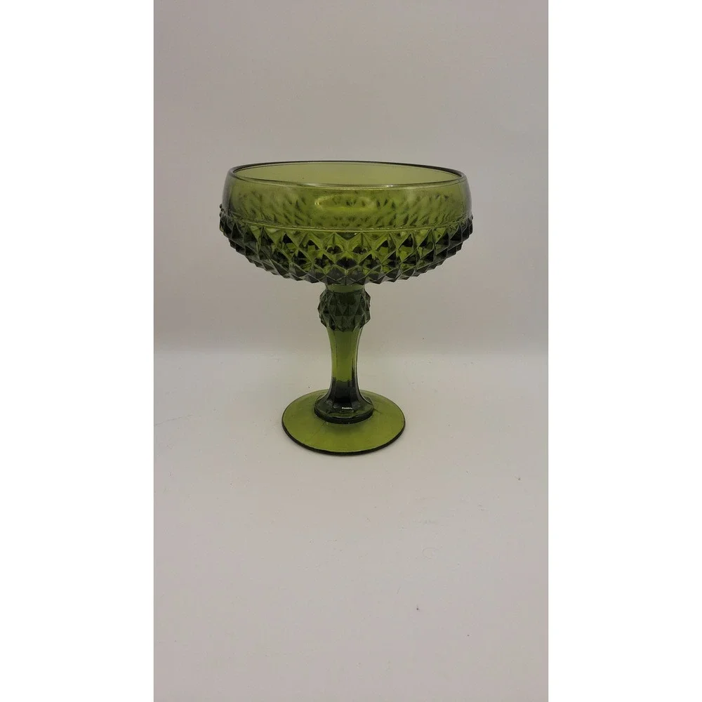 Indiana Glass Diamond Point Avocado Green Pedestal Compote Candy Dish 1960s